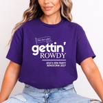 Load image into Gallery viewer, Gettin' Married Gettin' Rowdy Last Rodeo Personalised Hen Party T-Shirt Purple
