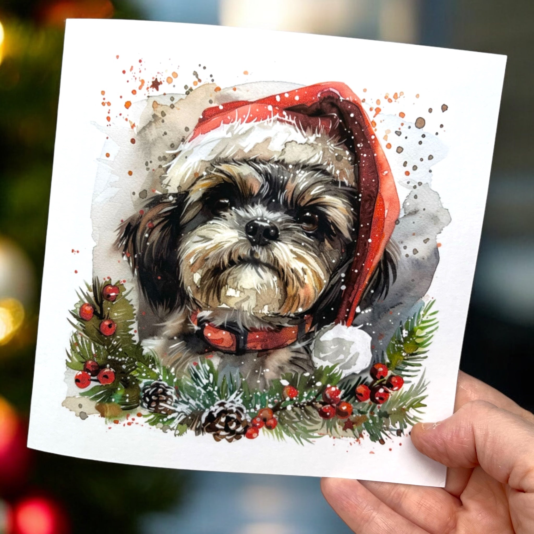 Shih Tzu Dog Pet Lover Watercolour Style Christmas Seasonal Holiday Greeting Card