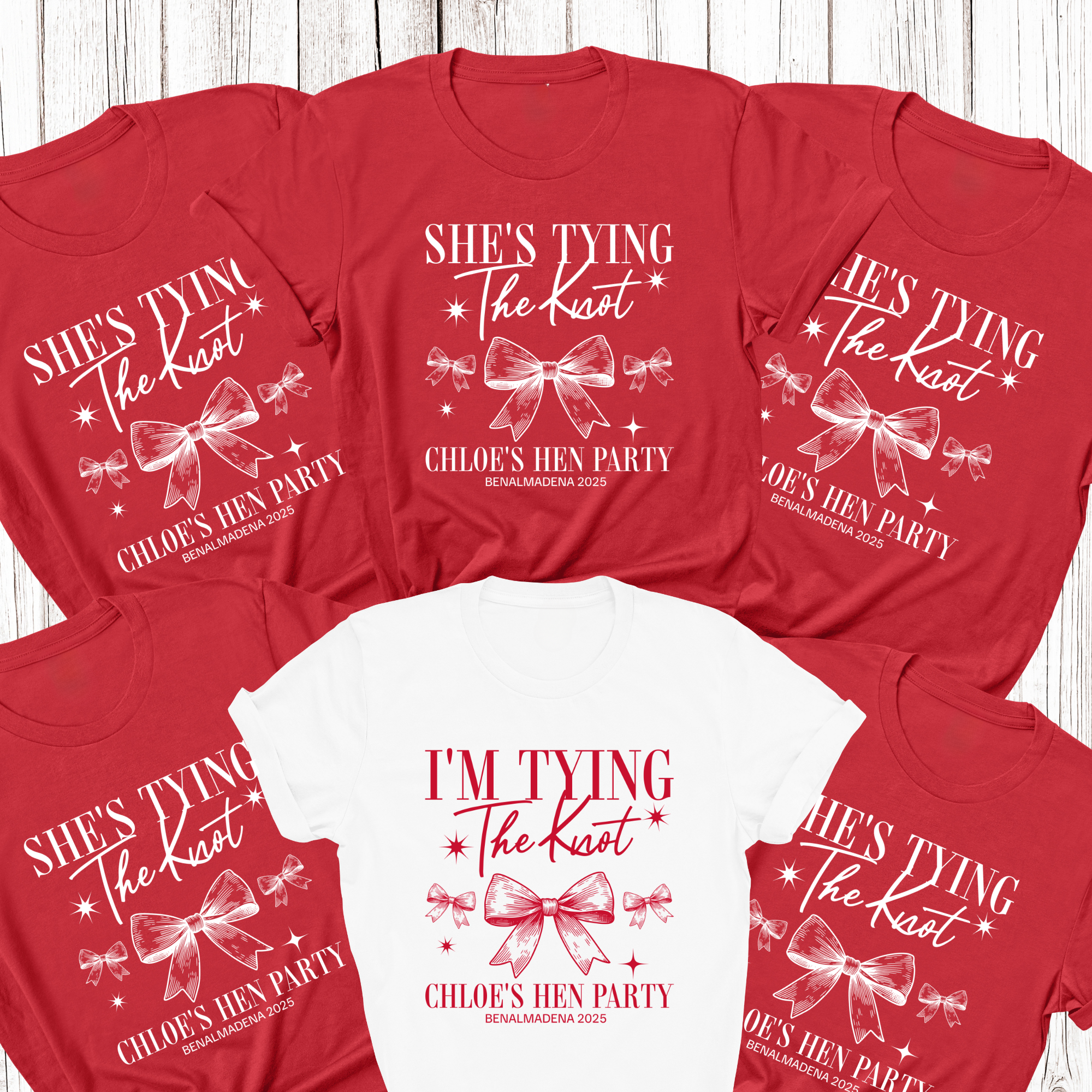 Personalised Hen Party T shirts Tying The Knot Bridal Party Shirts (Red)