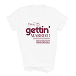Load image into Gallery viewer, Gettin' Married Gettin' Rowdy Last Rodeo Personalised Hen Party T-Shirt Maroon
