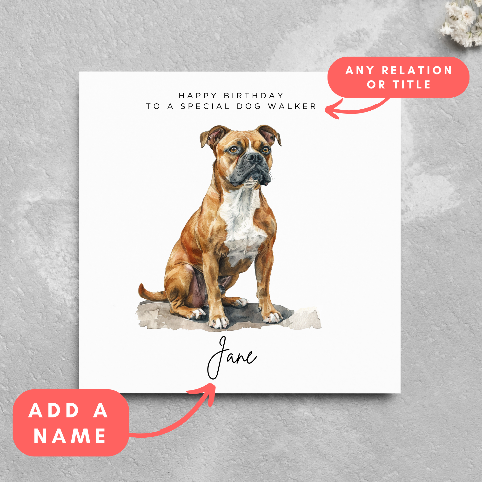 Personalised Staffie Dog Staffordshire Bull Terrier Recipient Name Birthday Greeting Card