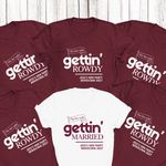 Load image into Gallery viewer, Gettin' Married Gettin' Rowdy Last Rodeo Personalised Hen Party T-Shirt Maroon
