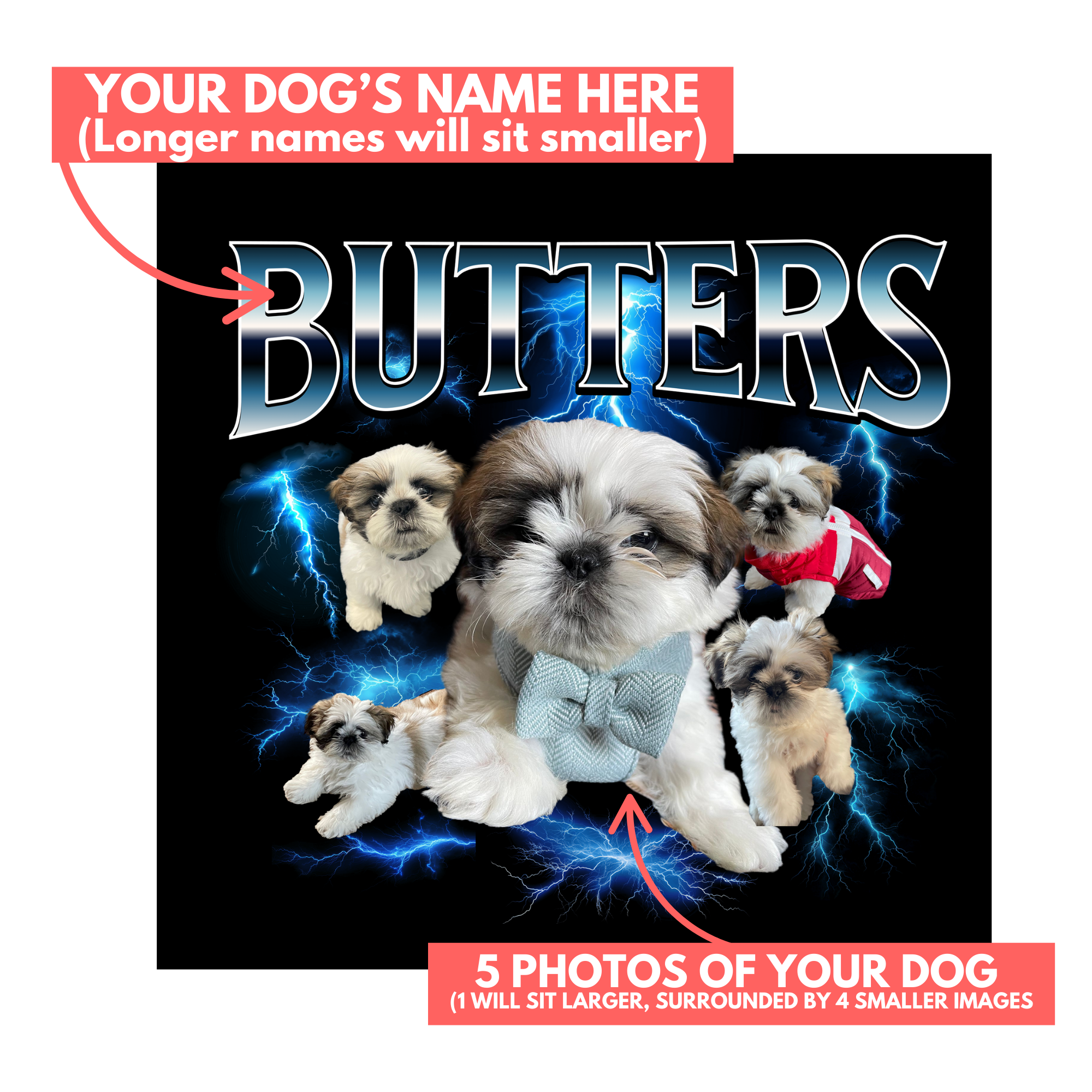Placeholder design with 'Butters' and images of a dog, customizable text and layout.
