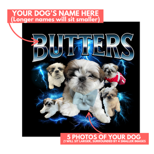 Placeholder design with 'Butters' and images of a dog, customizable text and layout.