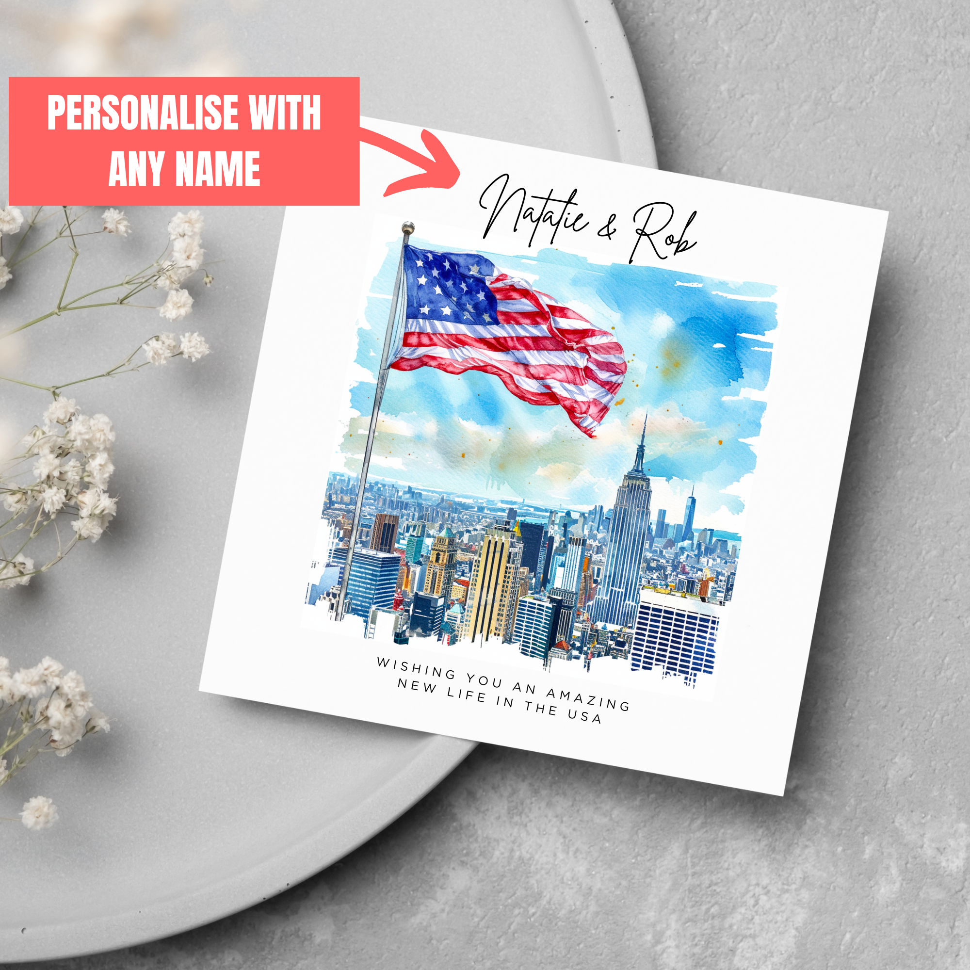 Personalised Name Emigrating Card Moving To USA Card