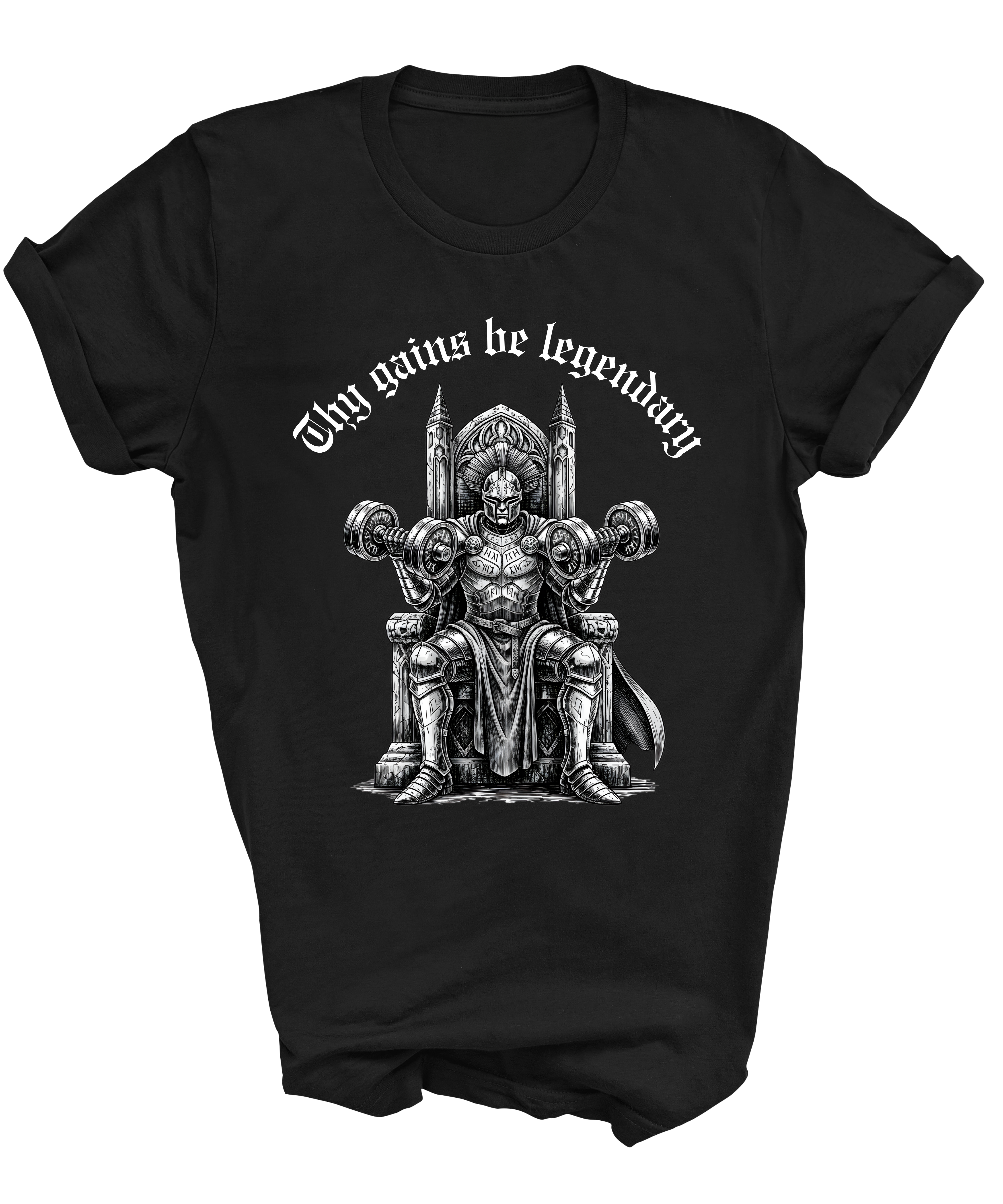 Black t-shirt with a graphic of a muscular figure on a throne lifting weights and text 'Thy gains be legendary' on a white background.
