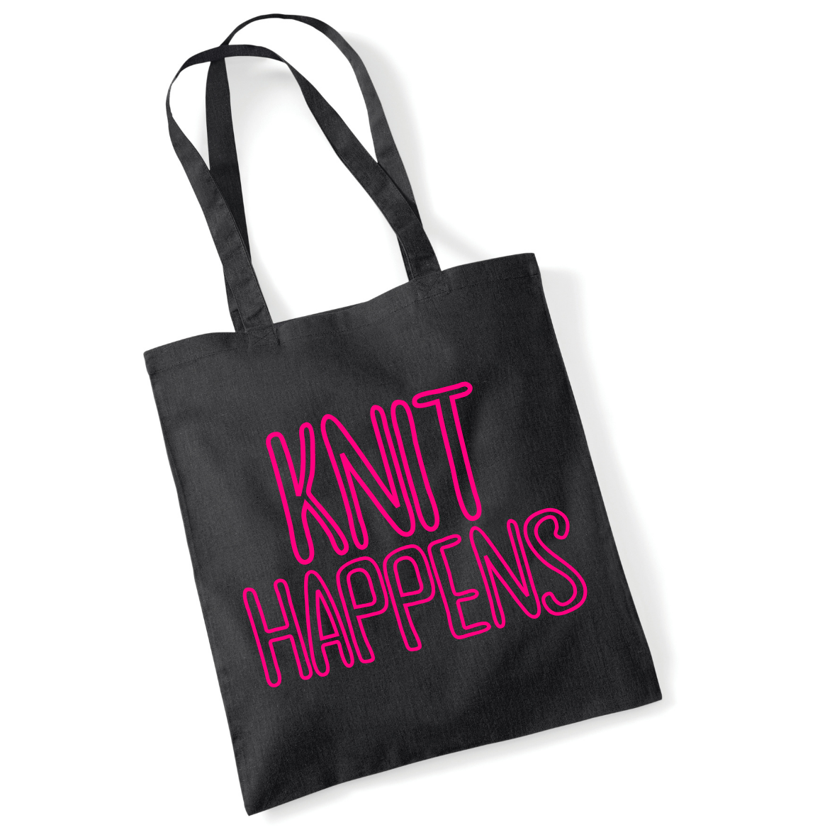 Knit Happens Tote Bag Funny Knitting Tote with Neon Text