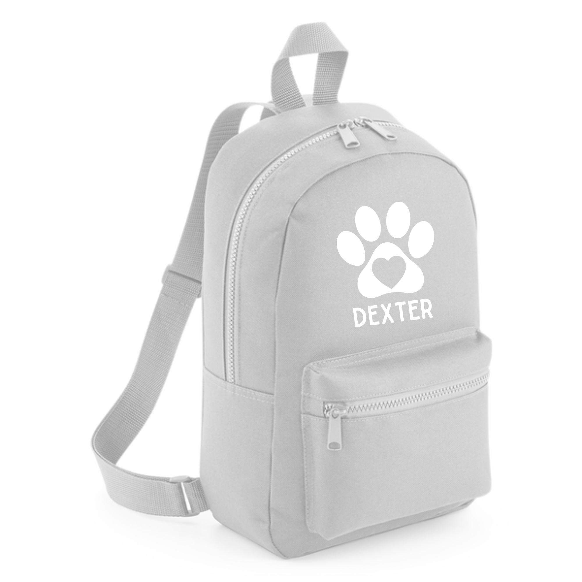 a gray backpack with a white dog paw on it