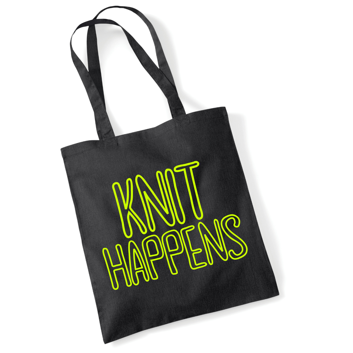 Knit Happens Tote Bag Funny Knitting Tote with Neon Text