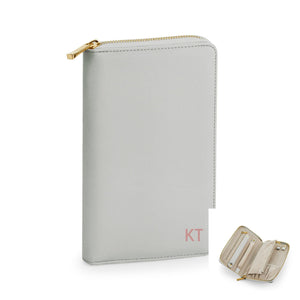 A gray wallet with a zipper closure and a small compartment, featuring a personalized logo.