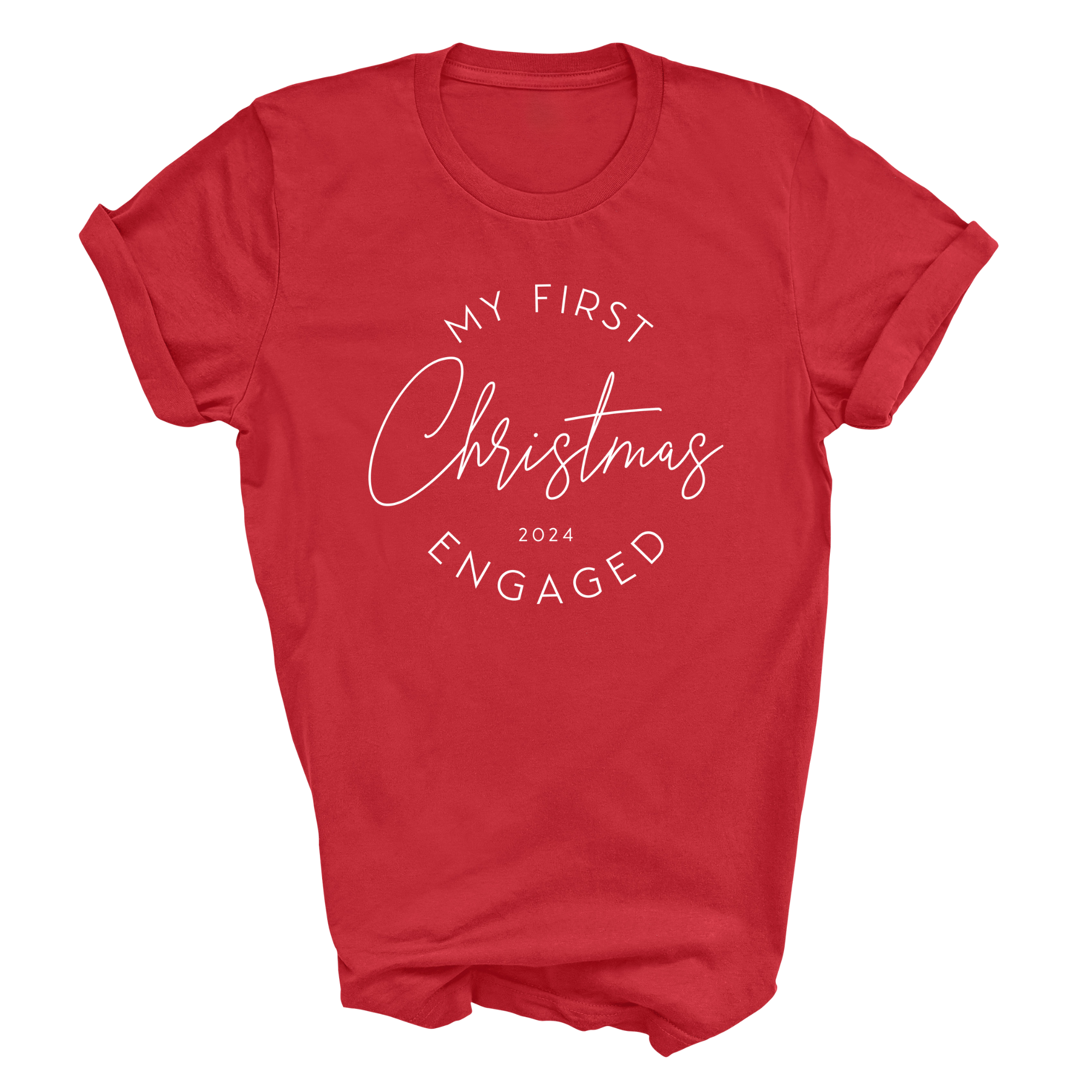 a red t - shirt that says my first christmas engaged