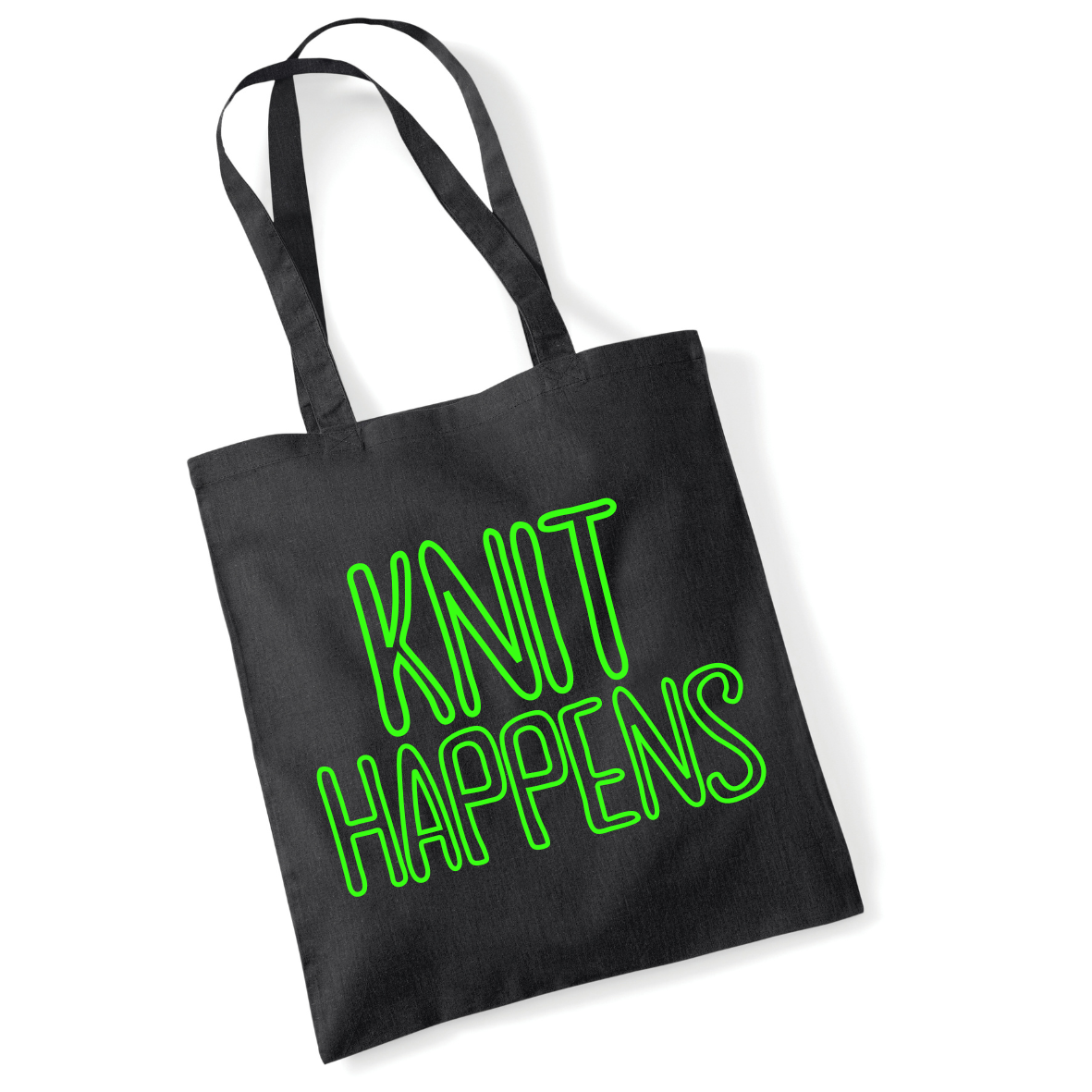 Knit Happens Tote Bag Funny Knitting Tote with Neon Text