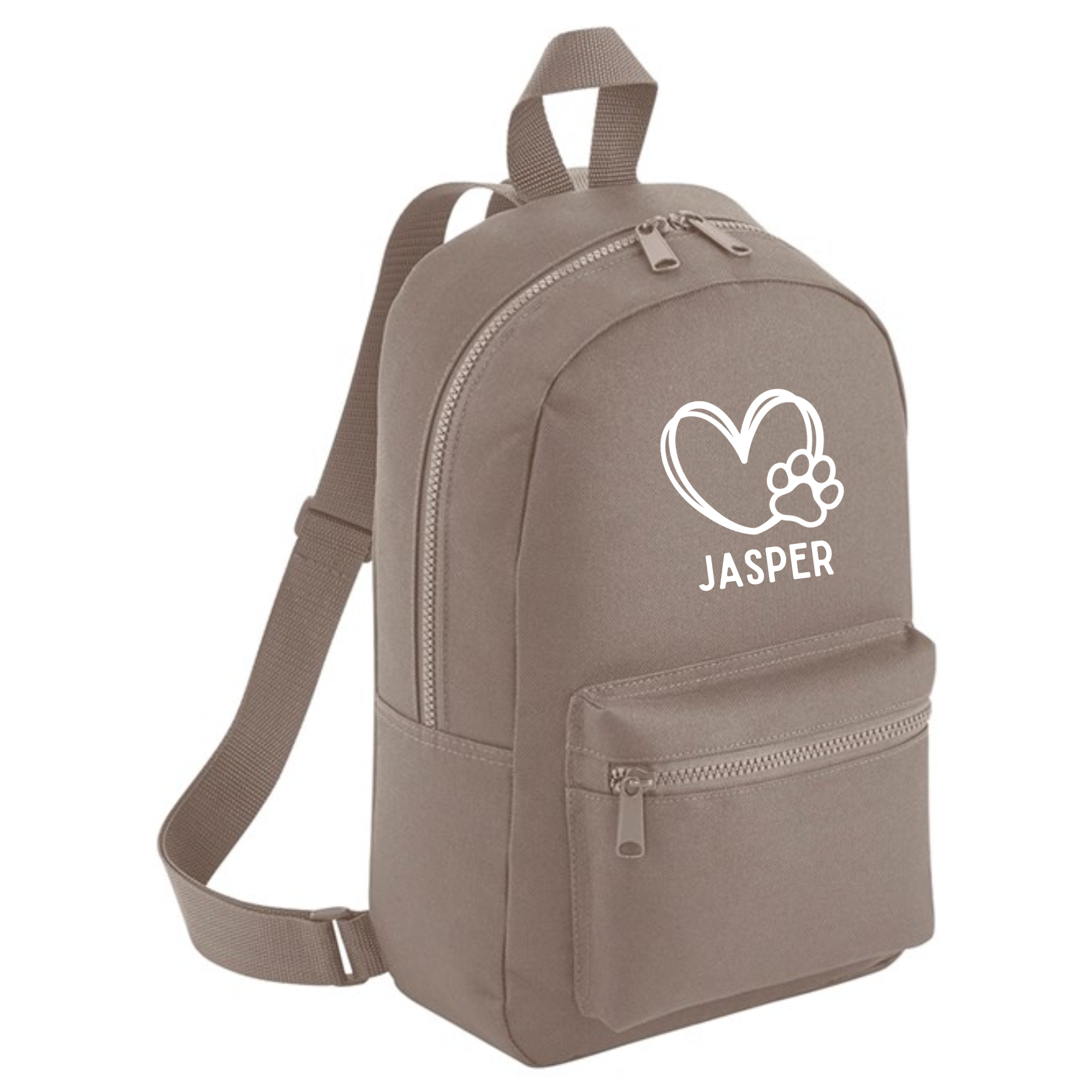 a backpack with a heart and paw on it