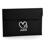 Load image into Gallery viewer, A black pet memorial envelope-style pouch with a white heart outline, paw print, and the name 'JASPER' printed on the front, shown on a clean white background.
