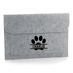 Load image into Gallery viewer, A grey melange felt envelope-style pouch with a black paw print and the name CHARLIE printed on the front, shown on a clean white background.
