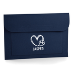 Load image into Gallery viewer, A navy blue personalized pet memorial envelope or pouch with a white heart outline, paw print, and the name 'JASPER' printed on the front, shown on a clean white background.
