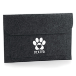 Load image into Gallery viewer, A dark gray felt envelope-style pouch with a white paw print and heart design in the center, personalized with the name 'DEXTER' underneath, shown on a white background.
