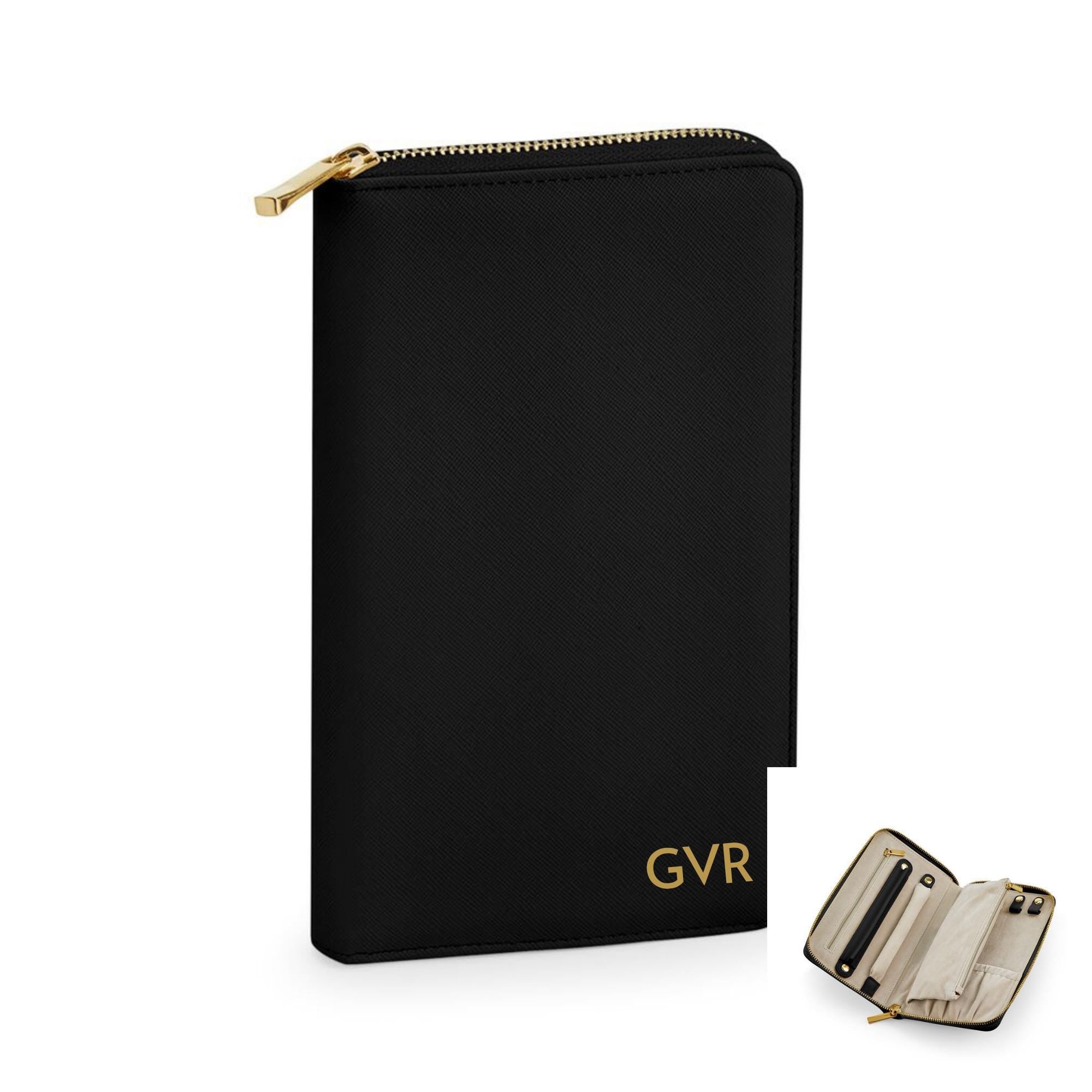A black wallet with a zipper closure and the initials &quot;GVR&quot; printed on it.
