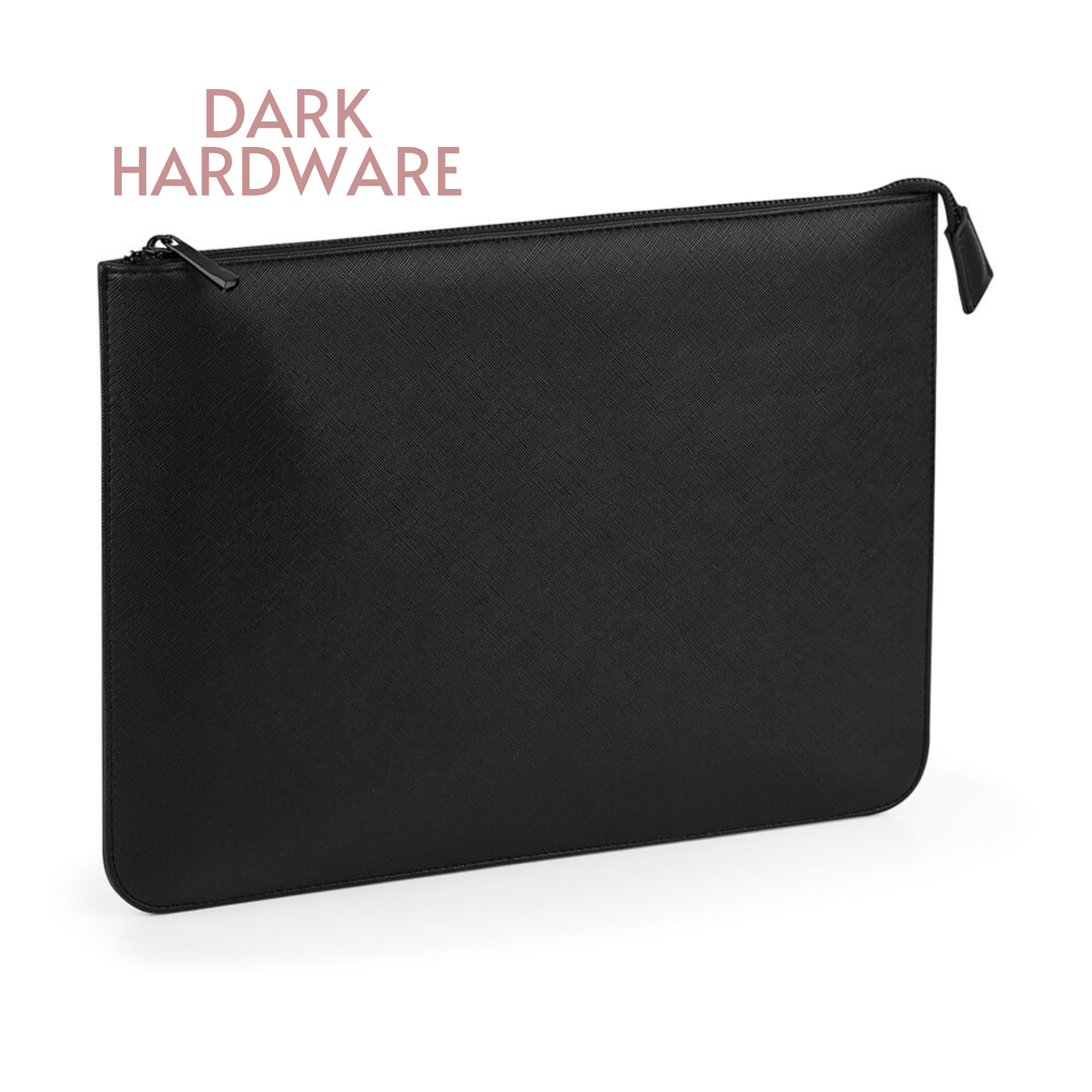 A black leather laptop bag with a zipper closure.