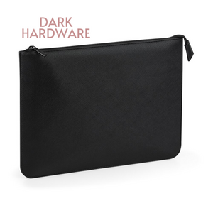 A black leather laptop bag with a zipper closure.