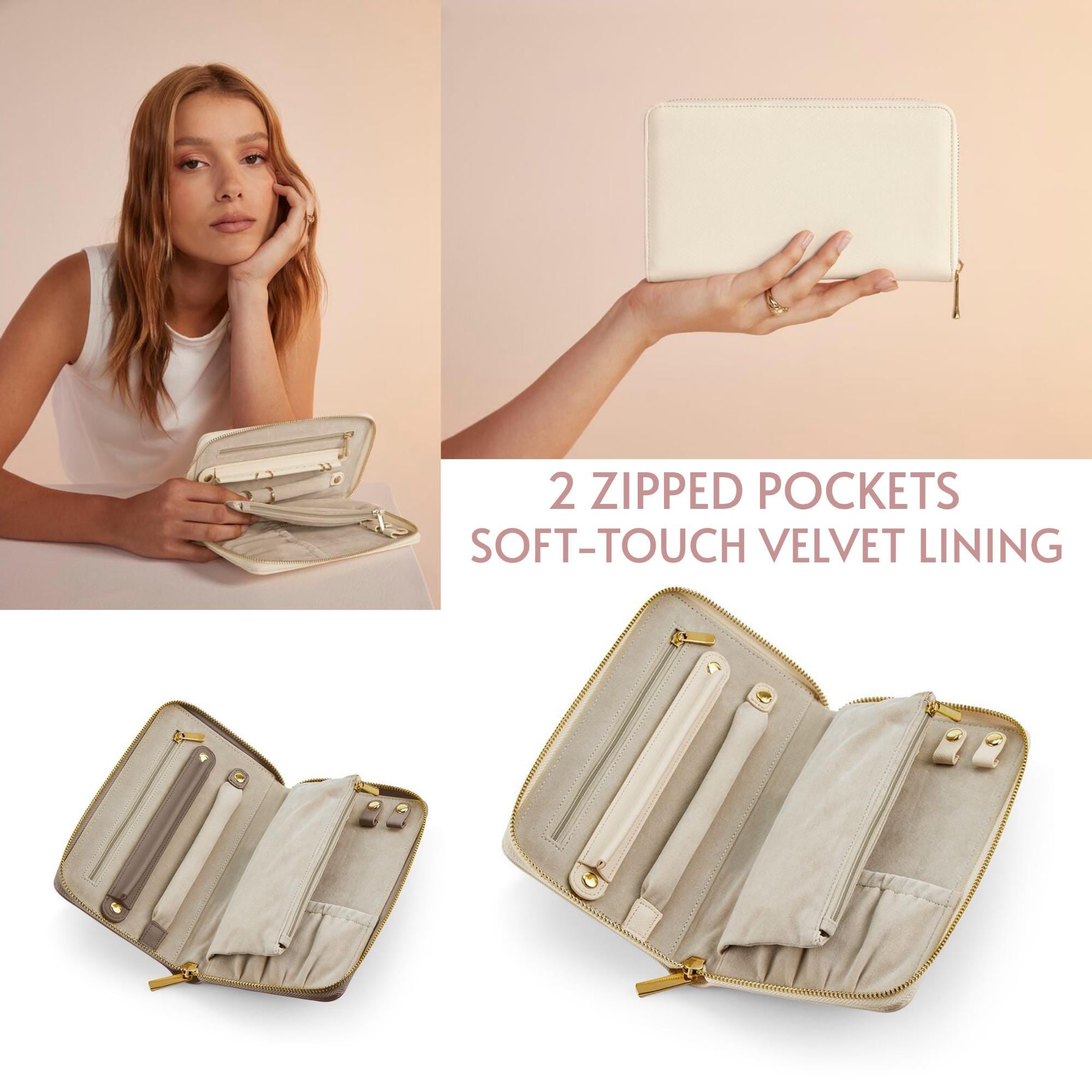 The image is a collage of three photos showcasing a beige velvet-lined jewelry case with two zipped pockets and a soft-touch lining.