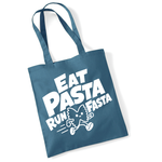 Load image into Gallery viewer, An airforce blue cotton tote bag with white printed text reading 'EAT PASTA RUN FASTA' and a cartoon pasta character running, shown on a white background.
