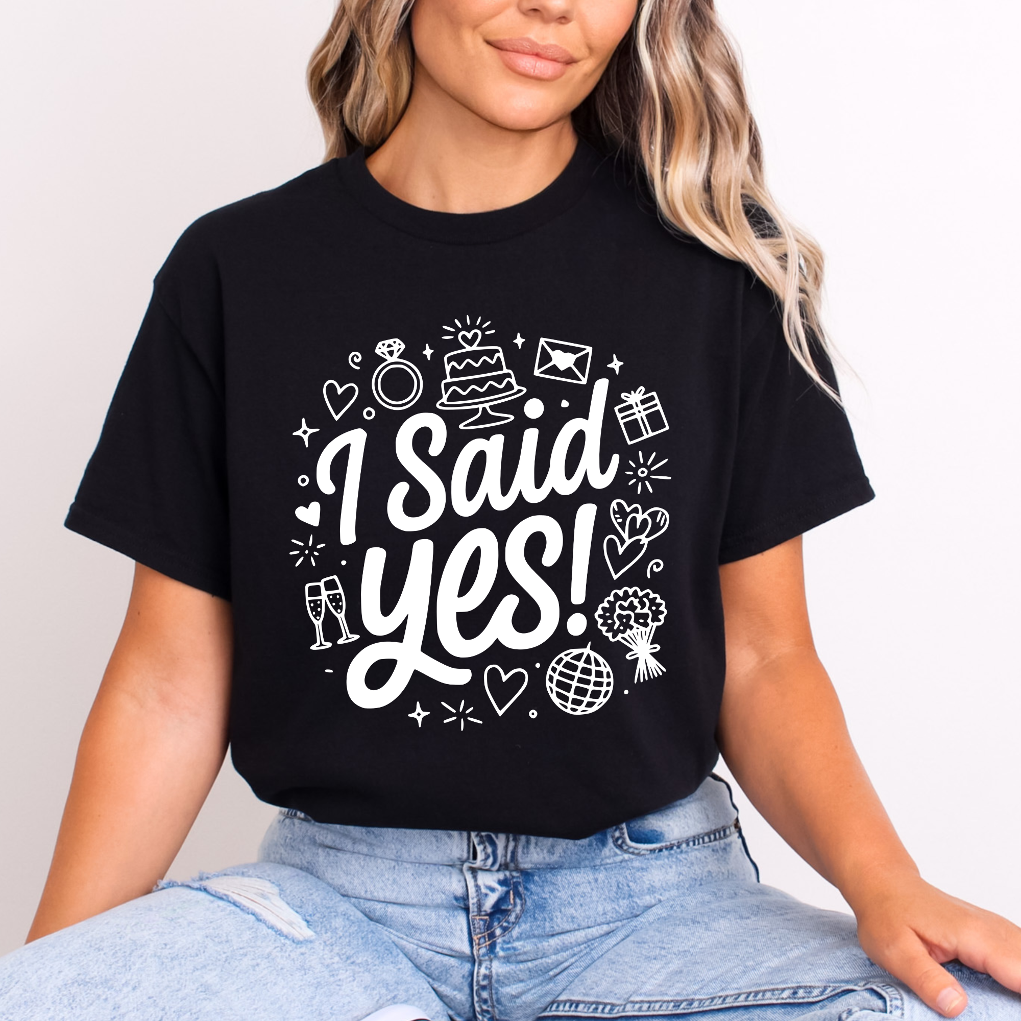 I Said Yes Adult Engagement T-Shirt Bride To Be Doodle Design Engaged Tee