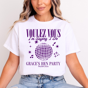 Personalised Hen Party Tshirts Disco Voulez Vous Saying I Do Bridal Party Shirts (Purple)