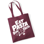 Load image into Gallery viewer, A dark maroon canvas tote bag with white printed text reading 'EAT PASTA RUN FASTA' and a cartoon pasta character, shown on a plain white background.
