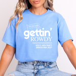 Load image into Gallery viewer, Gettin' Married Gettin' Rowdy Last Rodeo Personalised Hen Party T-Shirt Blue
