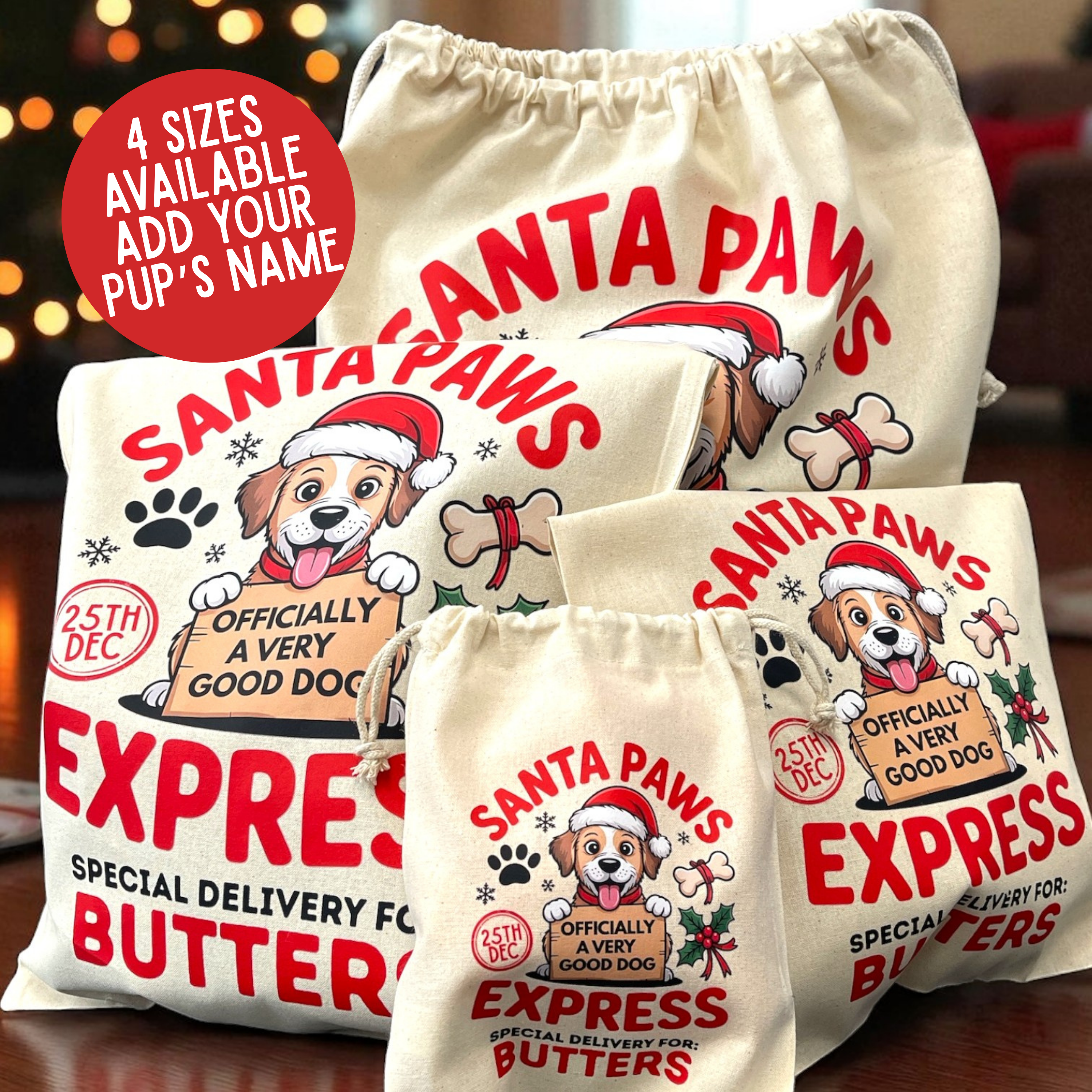 Personalised Dog Christmas Sack – Custom Name Recycled Cotton Gift Bag