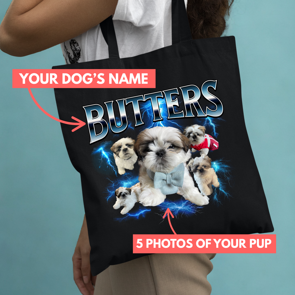 Black tote bag with a dog graphic and customizable text, held by a person against a light blue background.