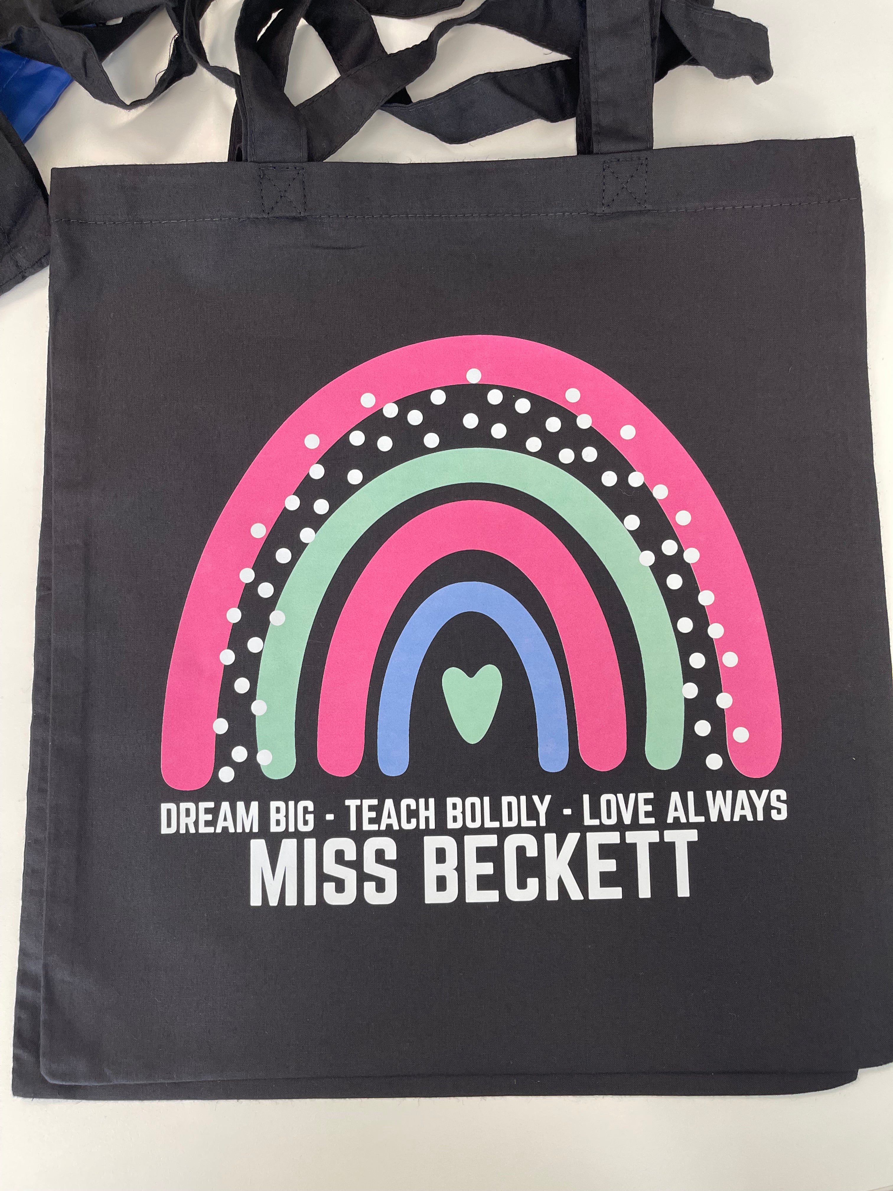 Personalised Teacher Tote Bag – Custom Name Rainbow Gift – Dream Big Teach Boldly