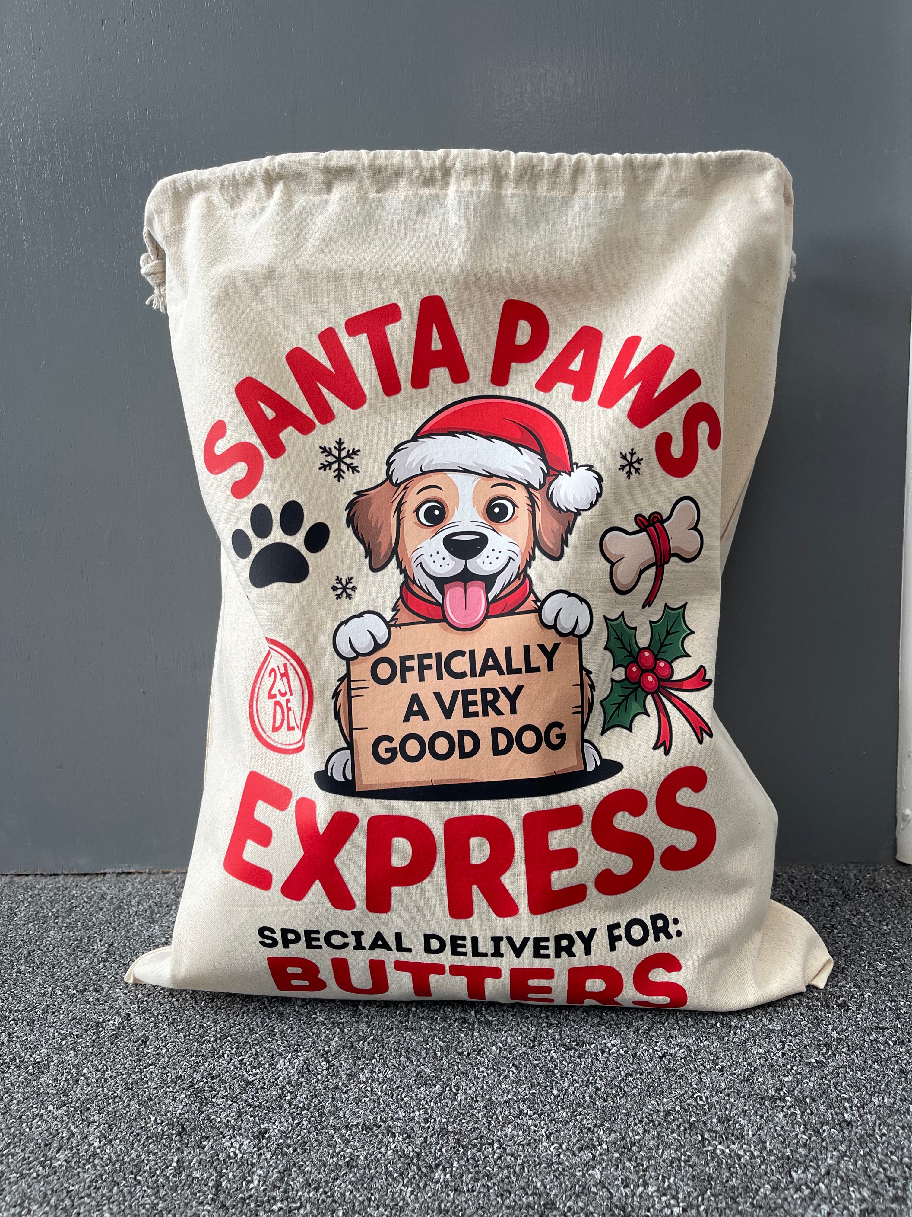 Personalised Dog Christmas Sack – Custom Name Recycled Cotton Gift Bag