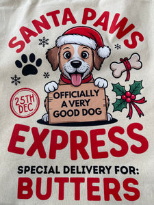 Personalised Dog Christmas Sack – Custom Name Recycled Cotton Gift Bag