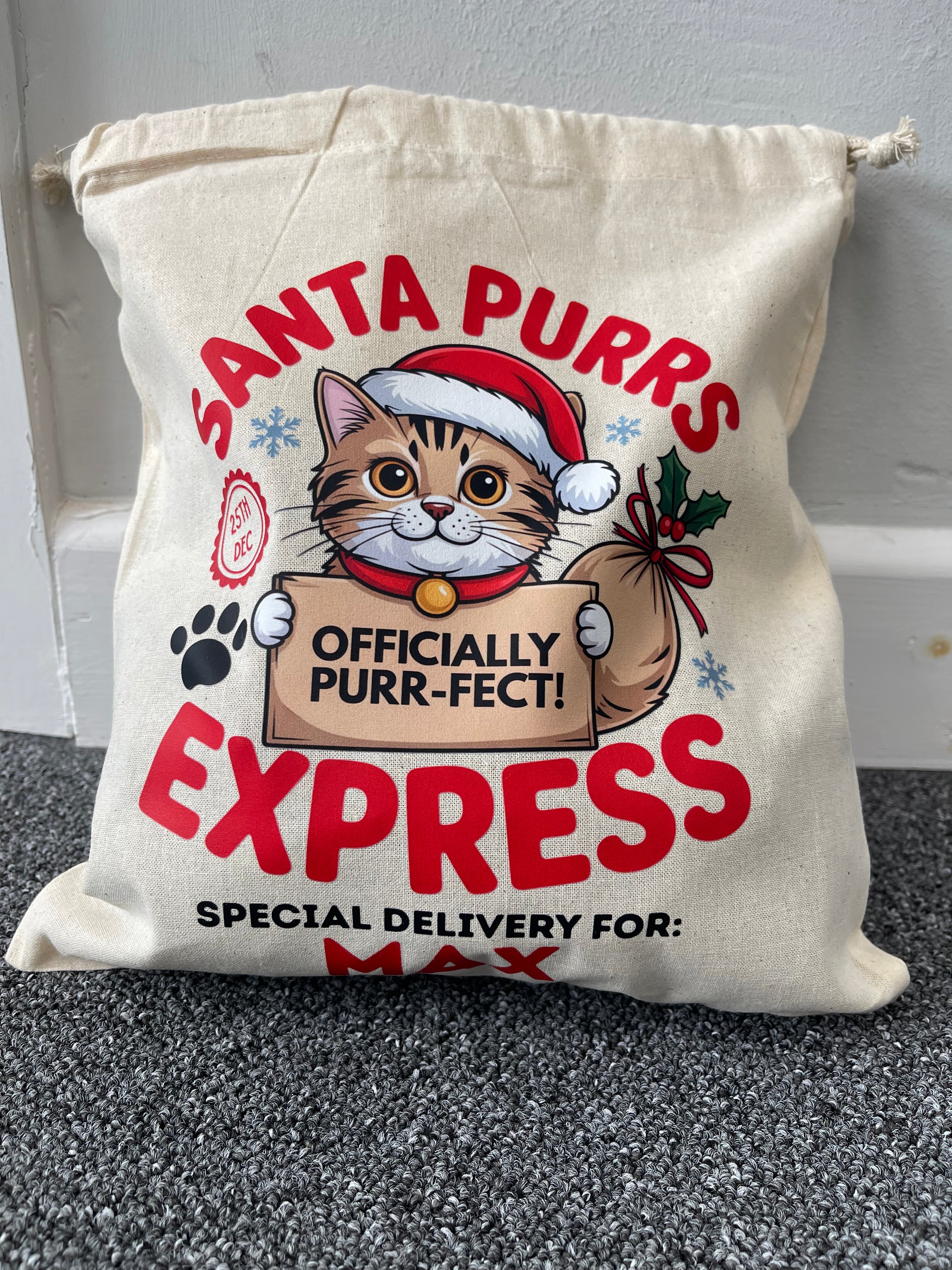 Personalised Cat Christmas Sack – Custom Name Recycled Cotton Gift Bag
