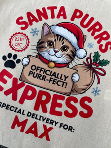 Personalised Cat Christmas Sack – Custom Name Recycled Cotton Gift Bag