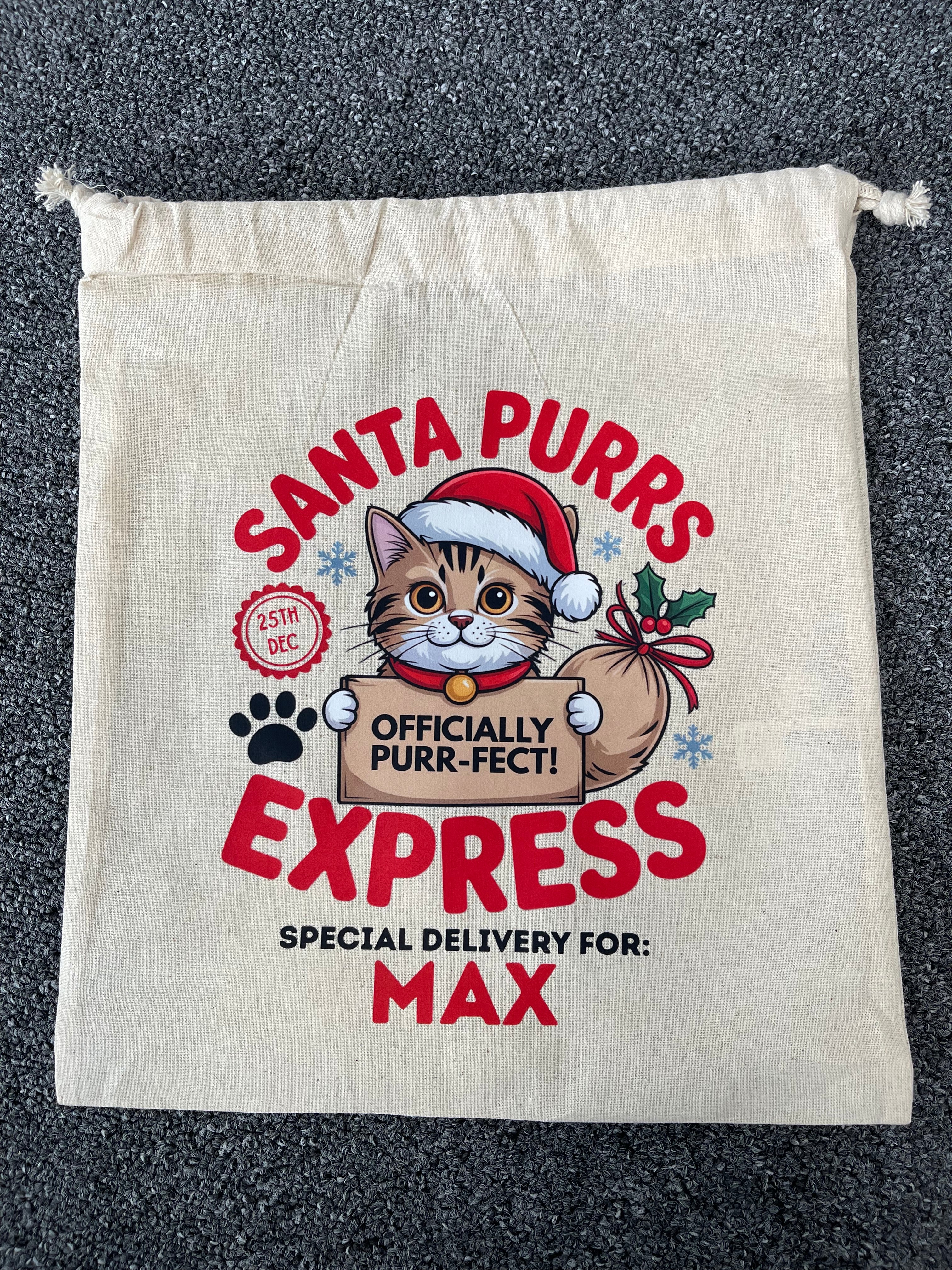 Personalised Cat Christmas Sack – Custom Name Recycled Cotton Gift Bag