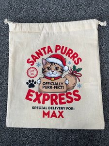 Personalised Cat Christmas Sack – Custom Name Recycled Cotton Gift Bag