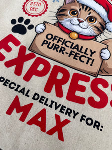 Personalised Cat Christmas Sack – Custom Name Recycled Cotton Gift Bag