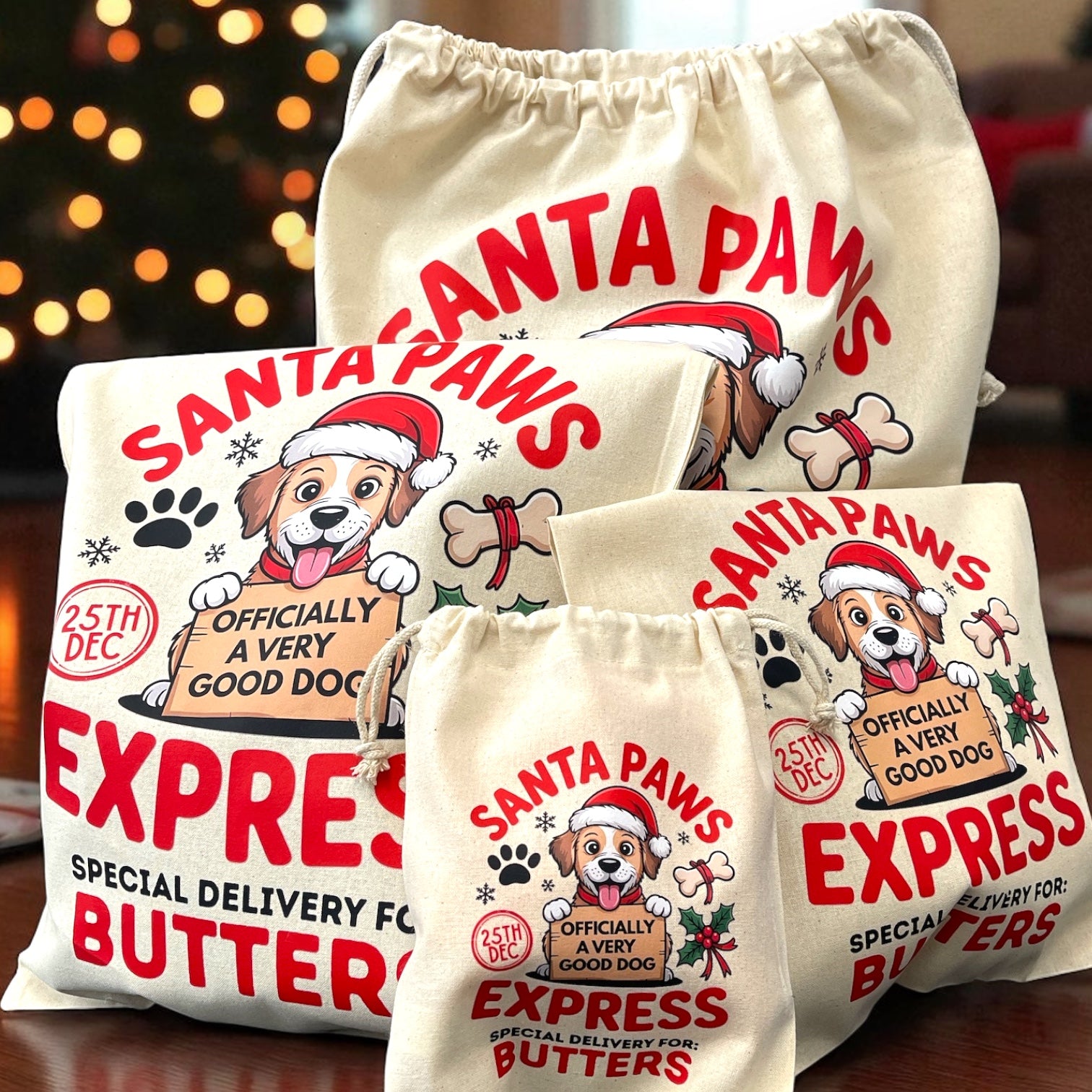 Personalised Dog Christmas Sack – Custom Name Recycled Cotton Gift Bag