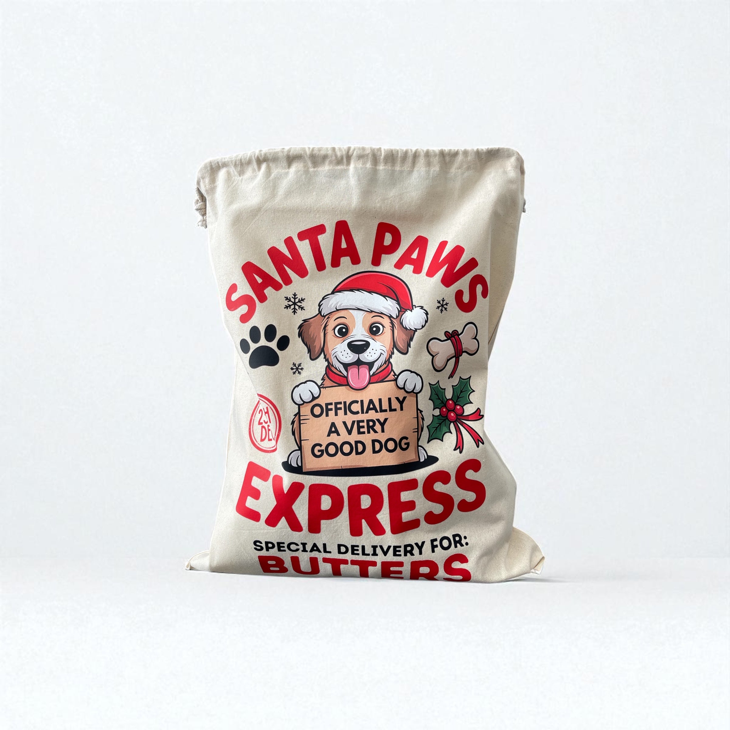 Personalised Dog Christmas Sack – Custom Name Recycled Cotton Gift Bag
