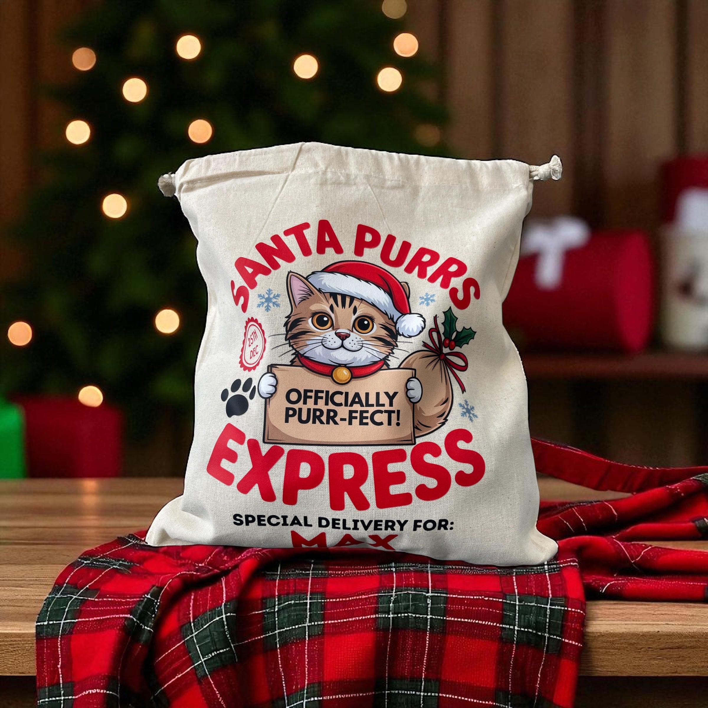 Personalised Cat Christmas Sack – Custom Name Recycled Cotton Gift Bag