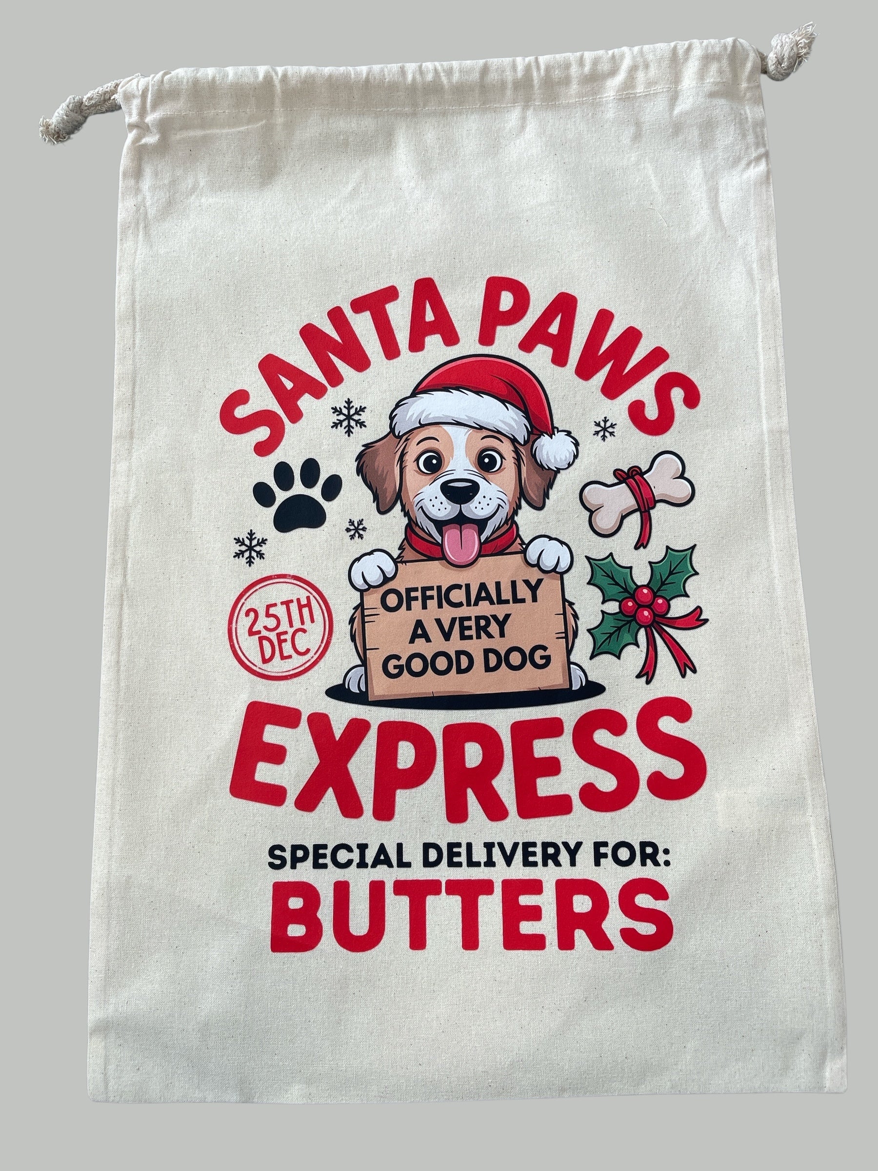 Personalised Dog Christmas Sack – Custom Name Recycled Cotton Gift Bag