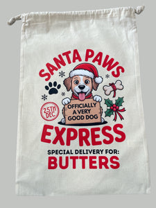 Personalised Dog Christmas Sack – Custom Name Recycled Cotton Gift Bag