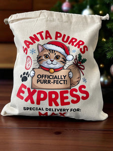 Personalised Cat Christmas Sack – Custom Name Recycled Cotton Gift Bag