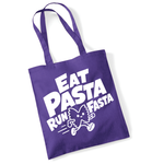 Load image into Gallery viewer, A purple cotton tote bag with white printed text reading 'EAT PASTA RUN FASTA' and a cartoon pasta character, shown on a plain white background.
