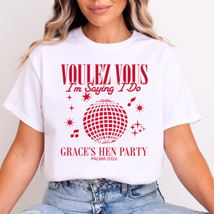 Personalised Hen Party Tshirts Disco Voulez Vous Saying I Do Bridal Party Shirts (Red)
