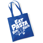 Load image into Gallery viewer, A royal blue canvas tote bag with white printed text reading 'EAT PASTA RUN FASTA' and a cartoon pasta character running, shown on a plain white background.
