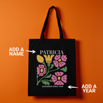 Load image into Gallery viewer, Personalised Birthday Tote Bag, Blooming Since Birth Year Gift, Floral Name Organic Bag
